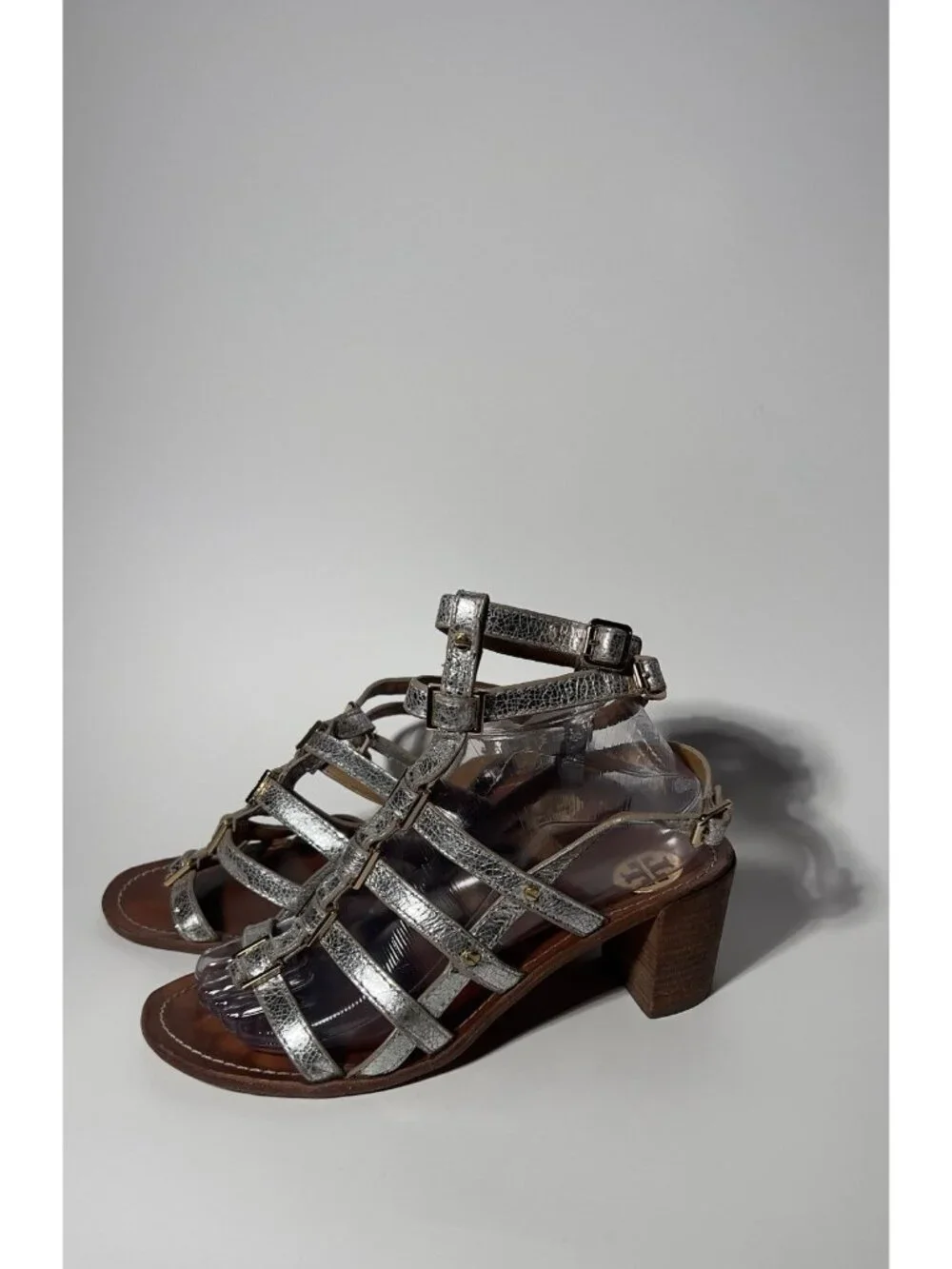 Tory Burch Reggie Silver Metallic Leather Gladiator Sandals Size 8M
